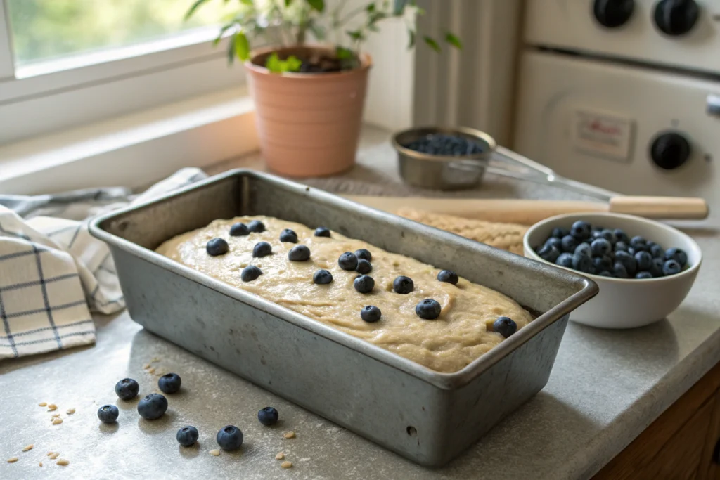 blueberry lentil bread recipe batter in loaf pan before baking