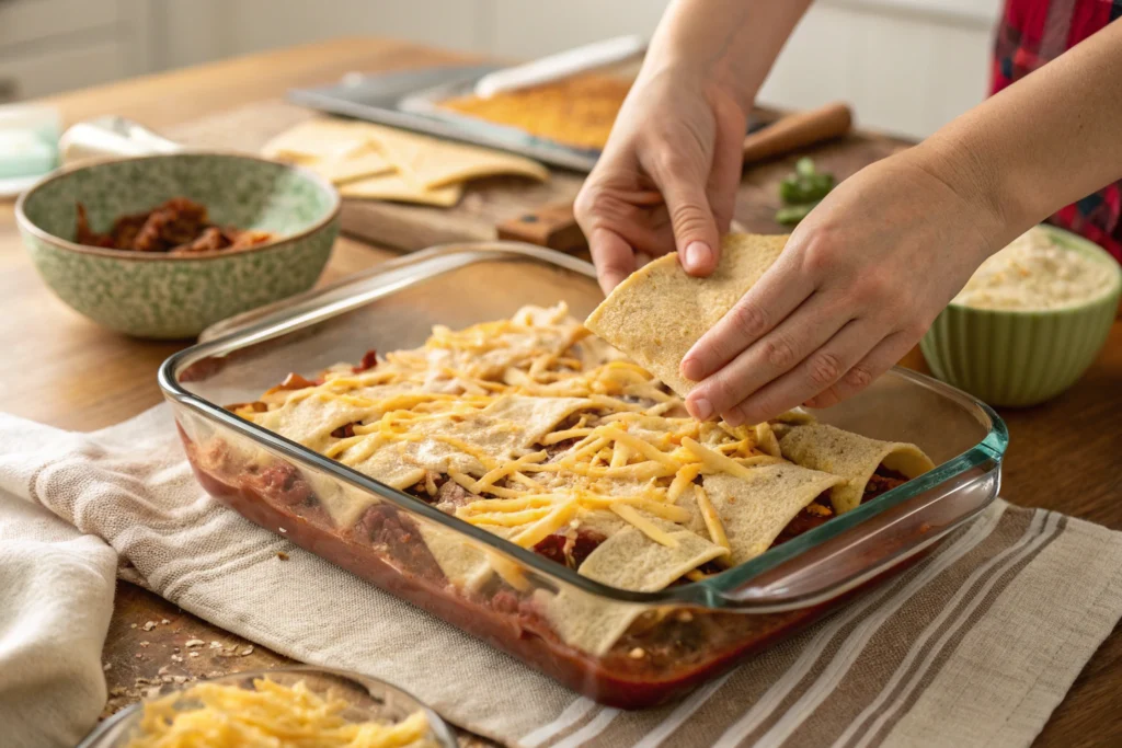 layering original king ranch chicken recipe texas monthly in baking dish
