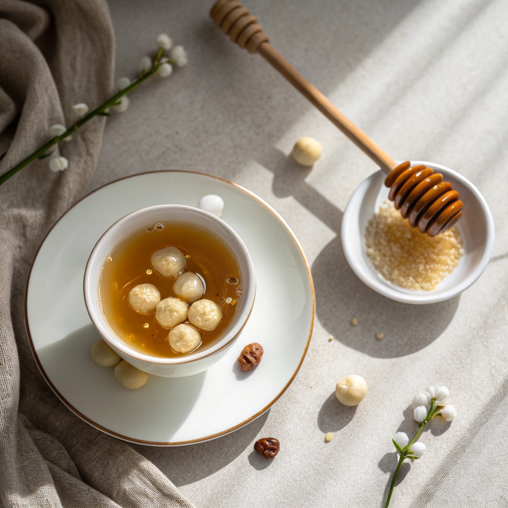 Cup of lotus seed honey drink served and ready to enjoy