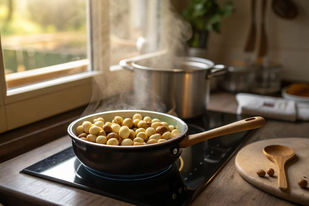 Lotus seeds simmering in a pot while preparing lotus seed honey drink recipe