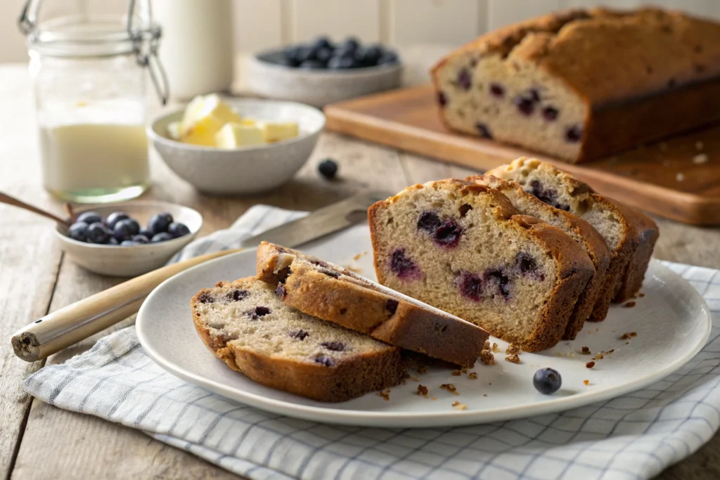 sliced blueberry lentil bread recipe on breakfast plate