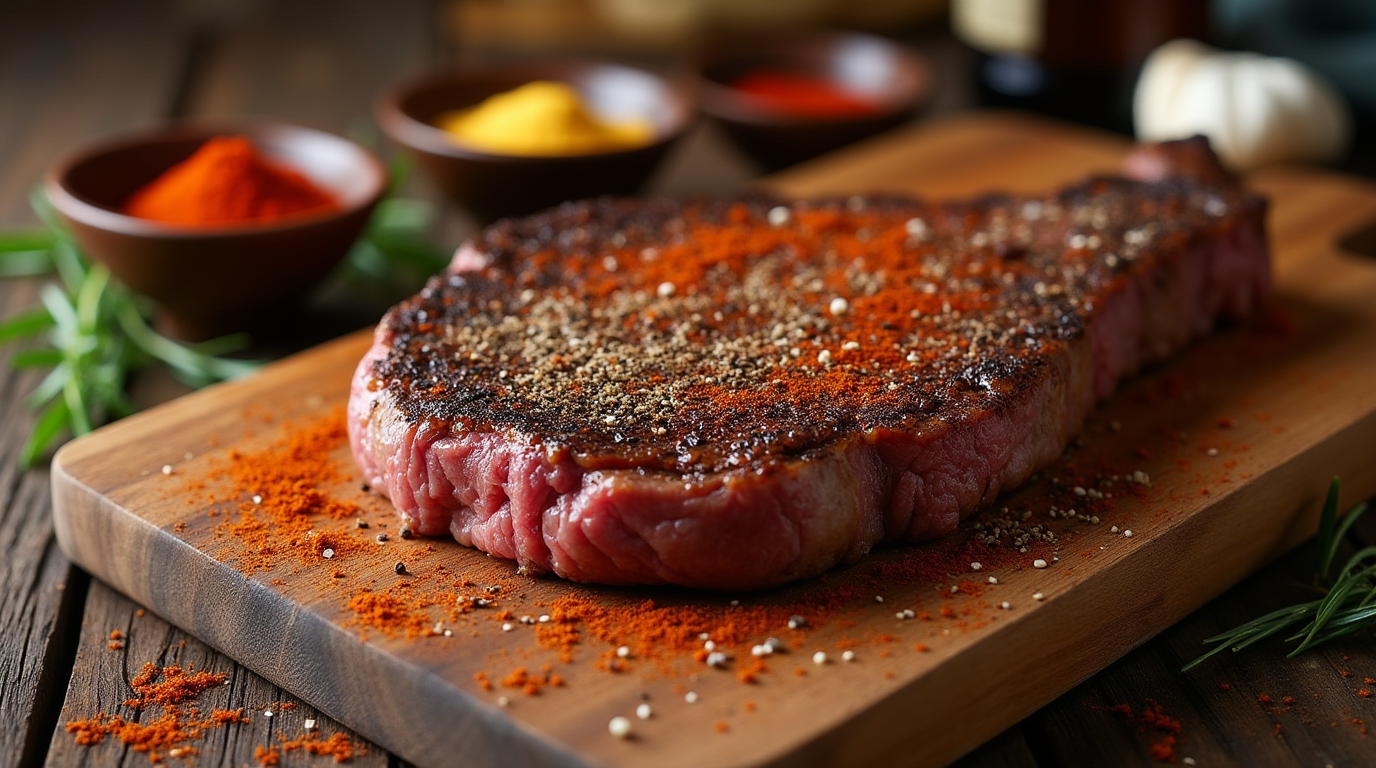 Close-up of a seared steak coated with a Texas Roadhouse-style seasoning on a wooden cutting board, with small bowls of spices in the background