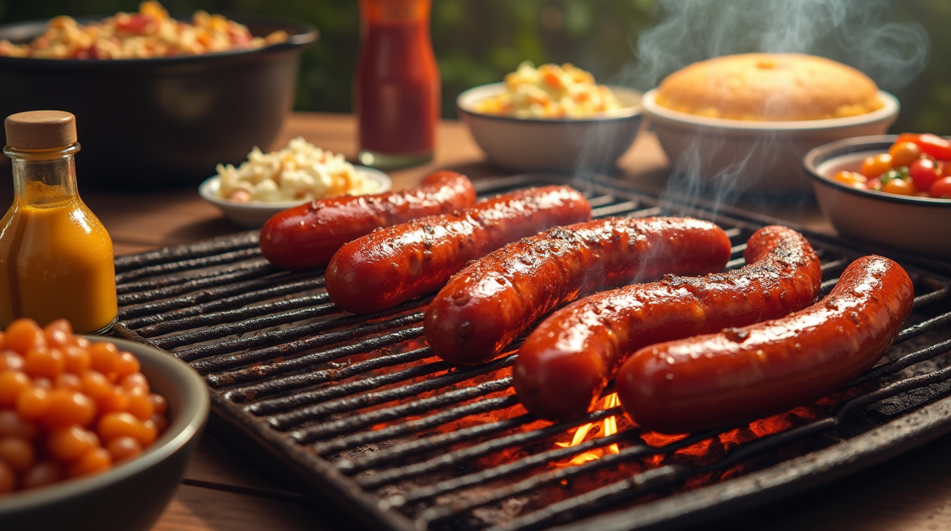 Five Texas hot links grilling on a barbecue with side dishes in background
