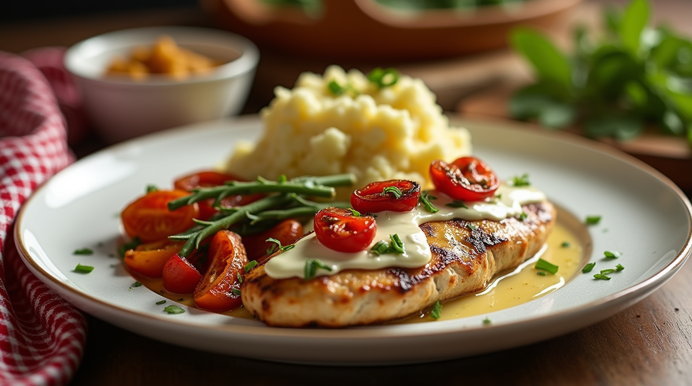 A plate of Chicken Bryan with roasted tomatoes, green beans, and mashed potatoes, styled for a Texas meal