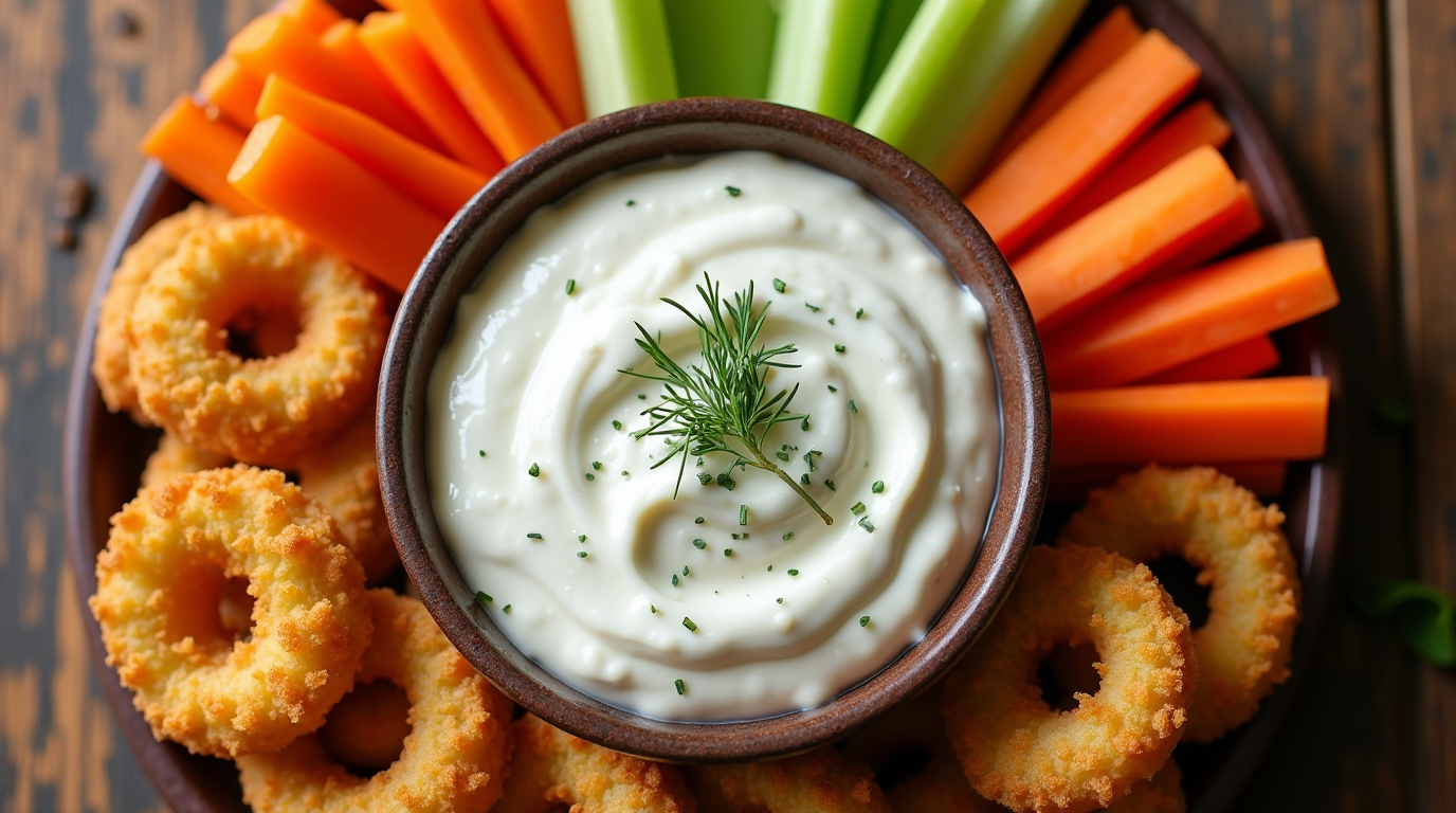 A platter with a bowl of ranch dip, carrots, celery, and fried onion rings. texas roadhouse ranch dip recipe