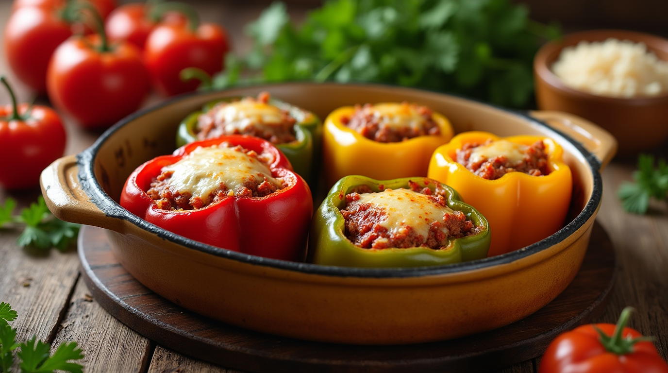 Old-fashioned stuffed bell peppers in a baking dish, ready to be served