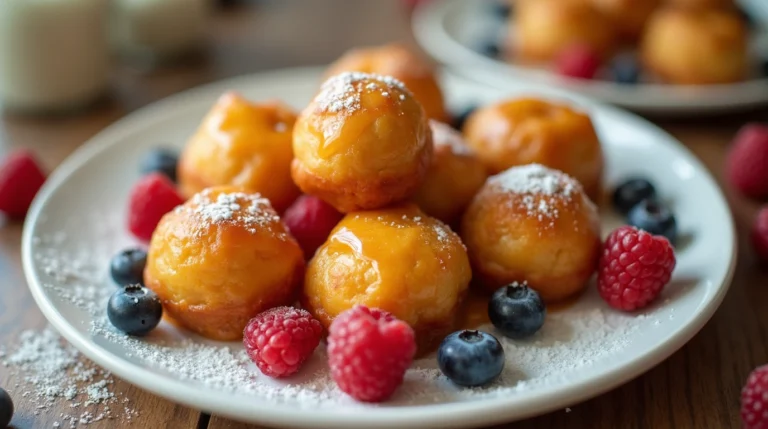Crispy fried cheesecake bites with powdered sugar, honey, and berries — indulgent Texas dessert