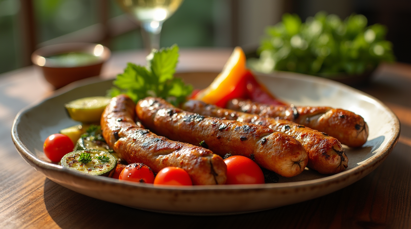 Grilled rattlesnake sausages on a plate with tomatoes, zucchini, citrus, and herbs