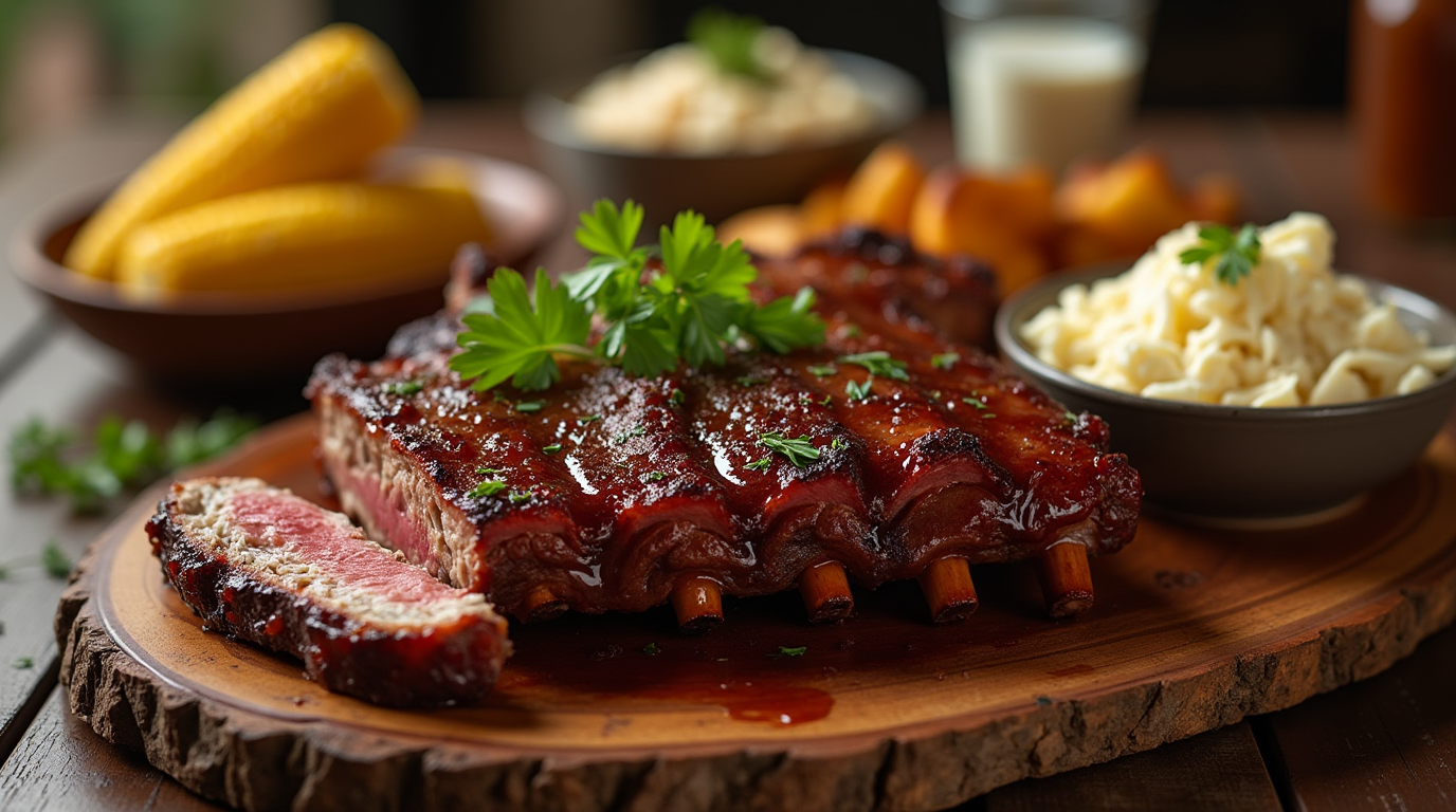 Barbecue beef short ribs with corn, potatoes and gravy on a wooden board