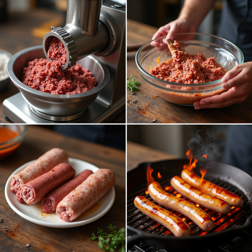 Four-panel collage showing the stages of making rattlesnake sausage: grinding meat, mixing ingredients, raw sausages, and cooked sausages on a grill