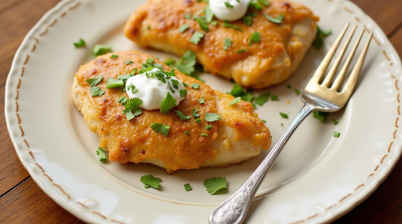 A plate with two chicken breasts covered in sauce, garnished with white dollops and green herbs