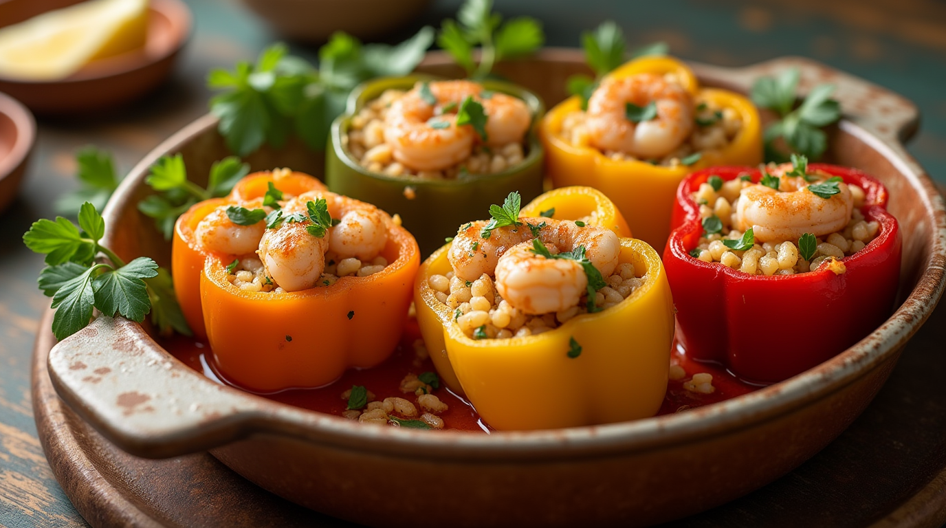 Shrimp stuffed bell peppers in a rustic serving dish, garnished with fresh herbs