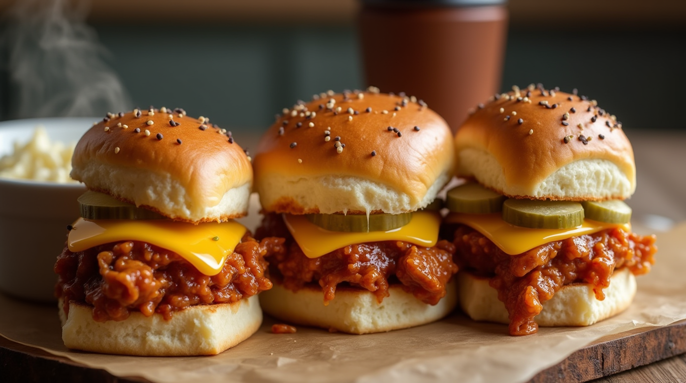 Three BBQ chicken sliders on a wooden board, topped with cheese and pickles, with a side dish blurred in the background