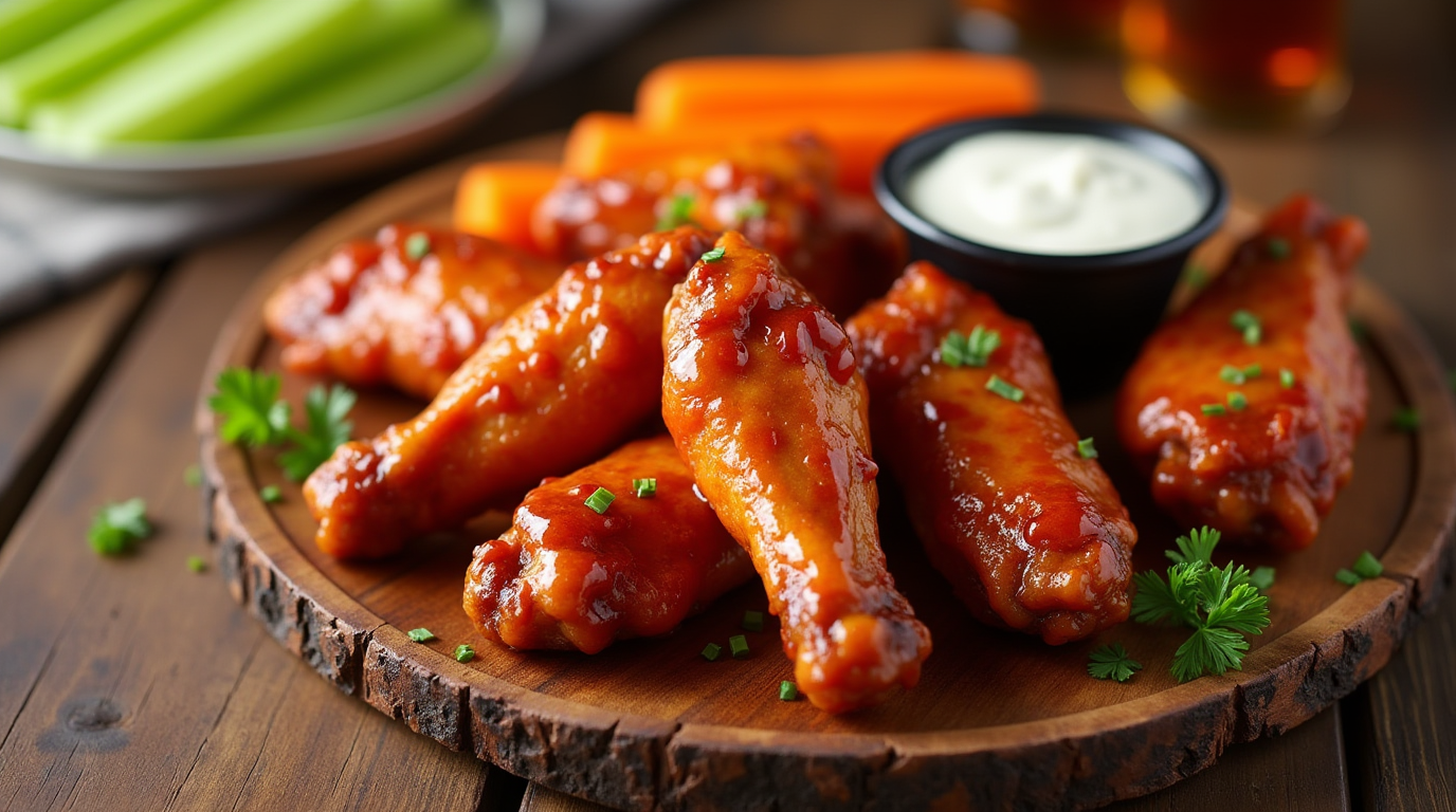Honey BBQ wings on a wooden platter, with celery, carrots, and a dipping sauce