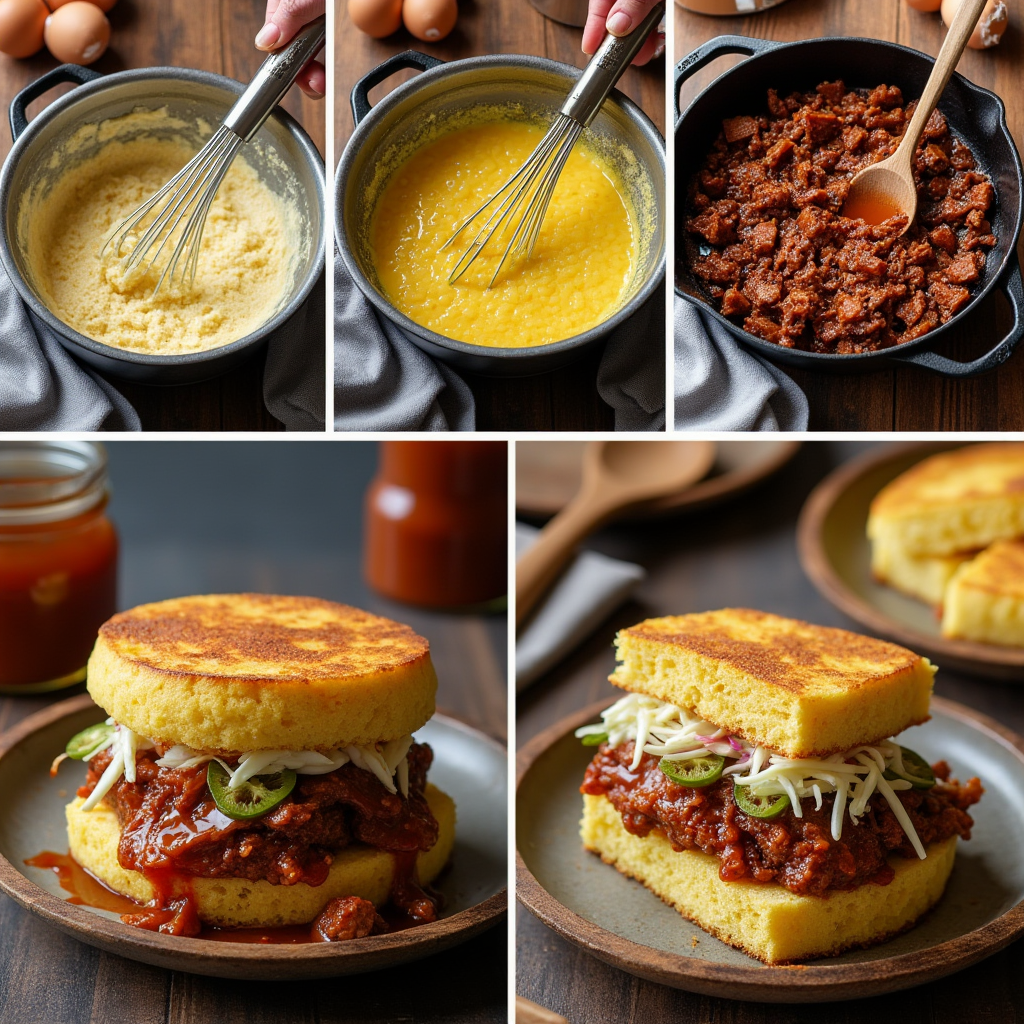 Five images showing the steps to make a Cornbread BBQ Sandwich, from mixing cornbread batter to assembling the finished sandwich