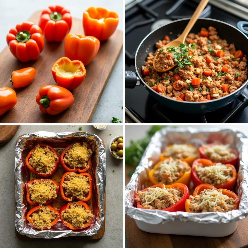 Four-panel image showing the steps to make stuffed bell peppers without rice. Top left: halved bell peppers on a board. Top right: ground meat and vegetable filling cooking in a skillet. Bottom left: filled peppers ready for the oven. Bottom right: baked peppers with melted cheese