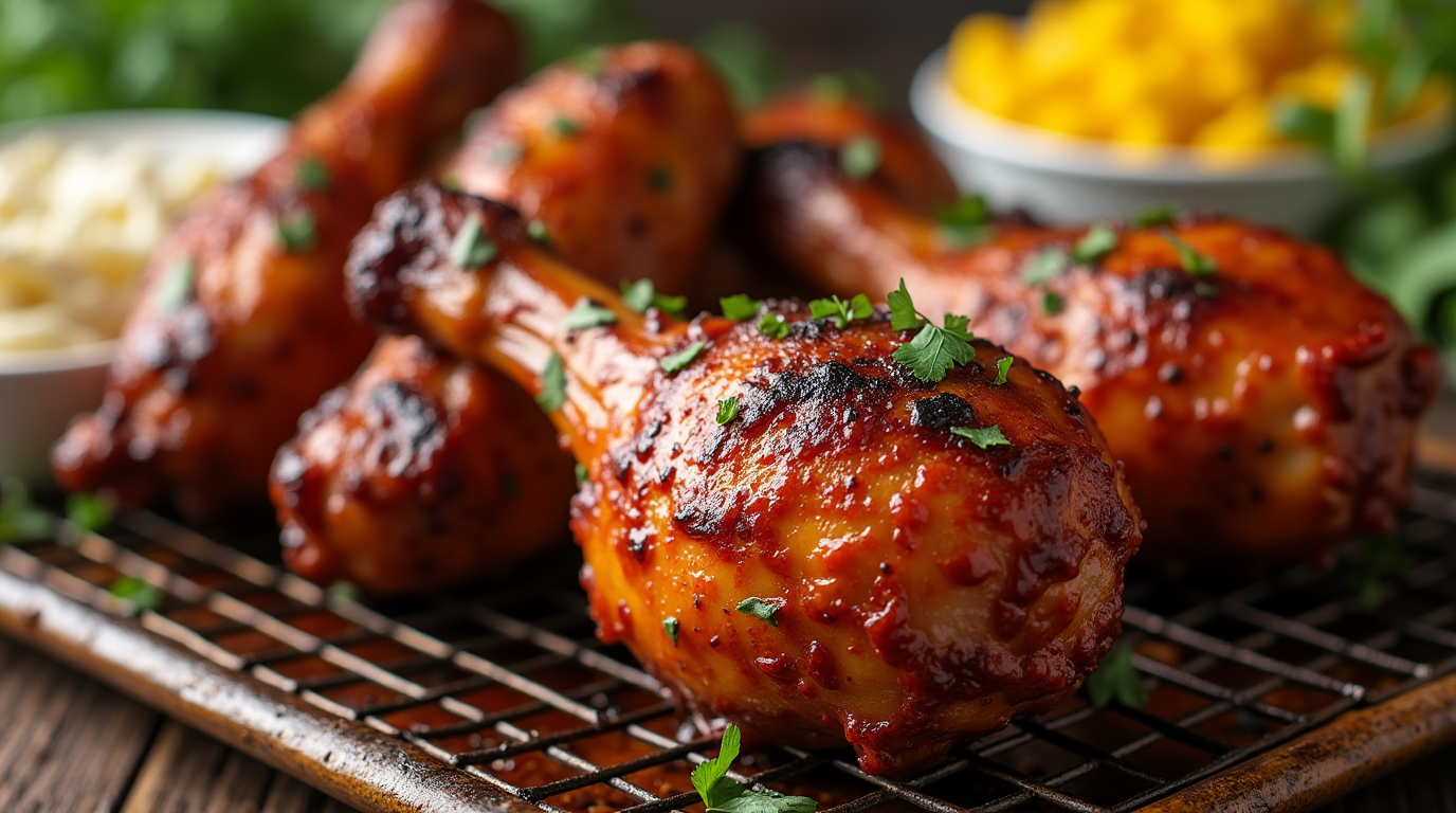 BBQ chicken legs on a wire rack, with bowls of sides blurred in the background