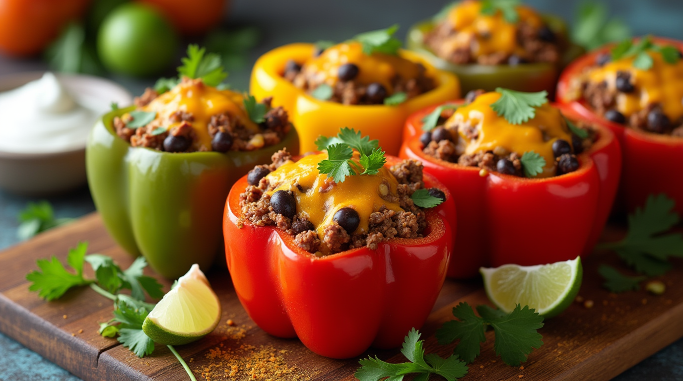 Taco stuffed bell peppers in red, yellow, and green on a wooden board