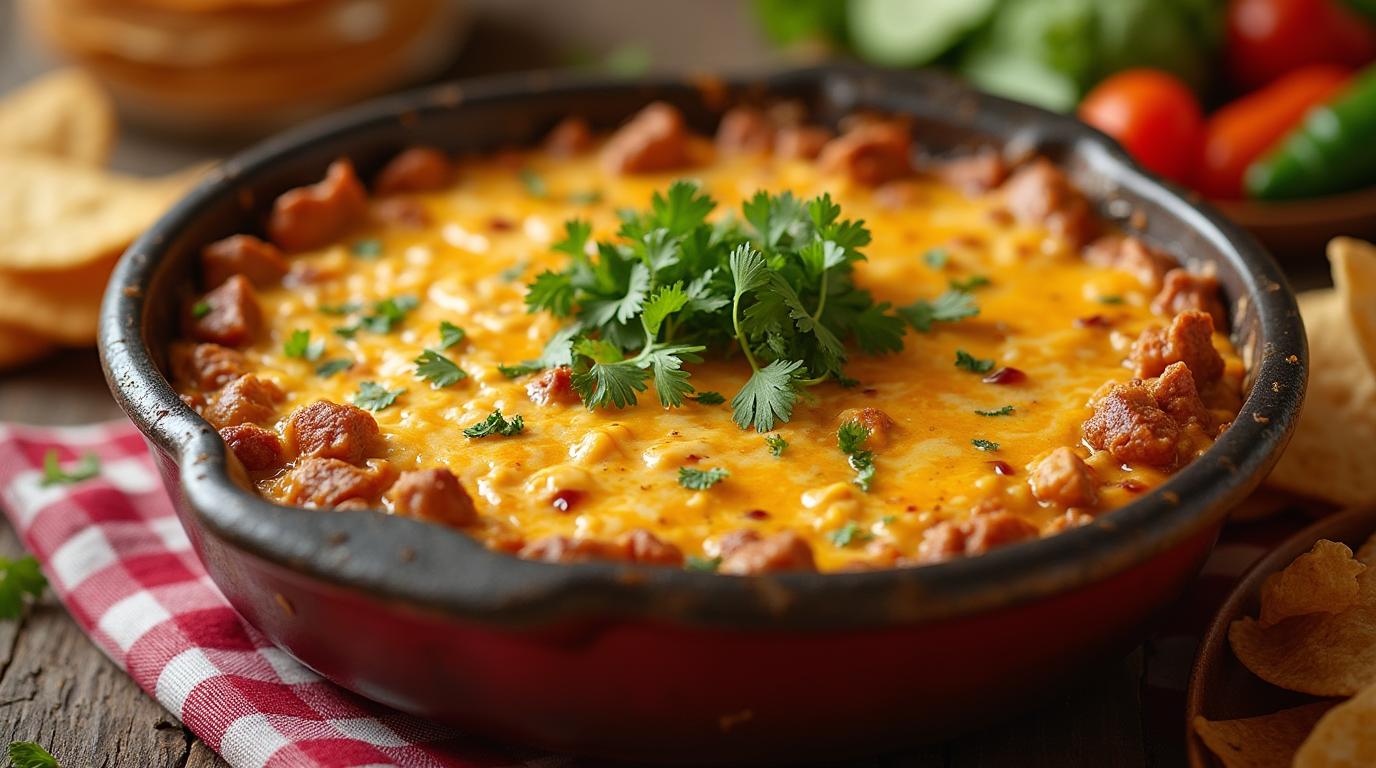 A pan of cooked dip with parsley garnish, surrounded by other ingredients. Texas Trash Dip recipe