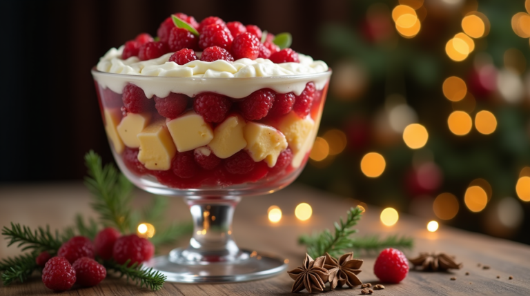 Layered berry trifle in a glass dish, topped with whipped cream and fresh raspberries, with festive decorations in the background