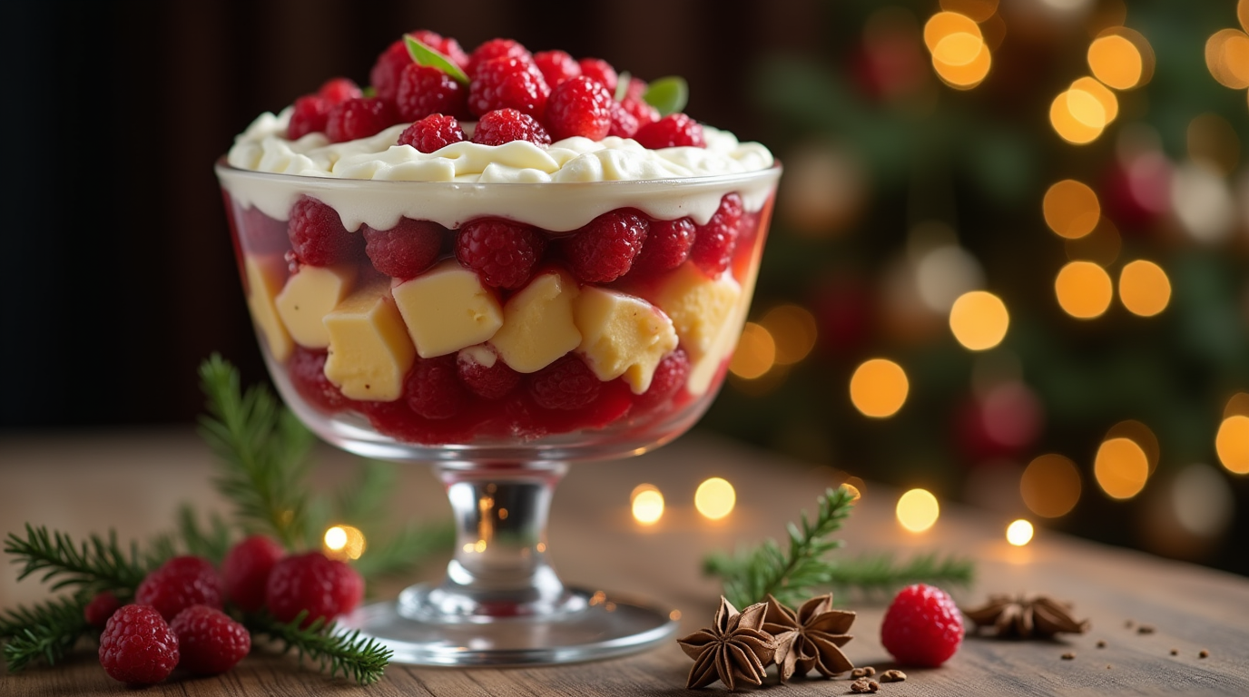 Layered berry trifle in a glass dish, topped with whipped cream and fresh raspberries, with festive decorations in the background