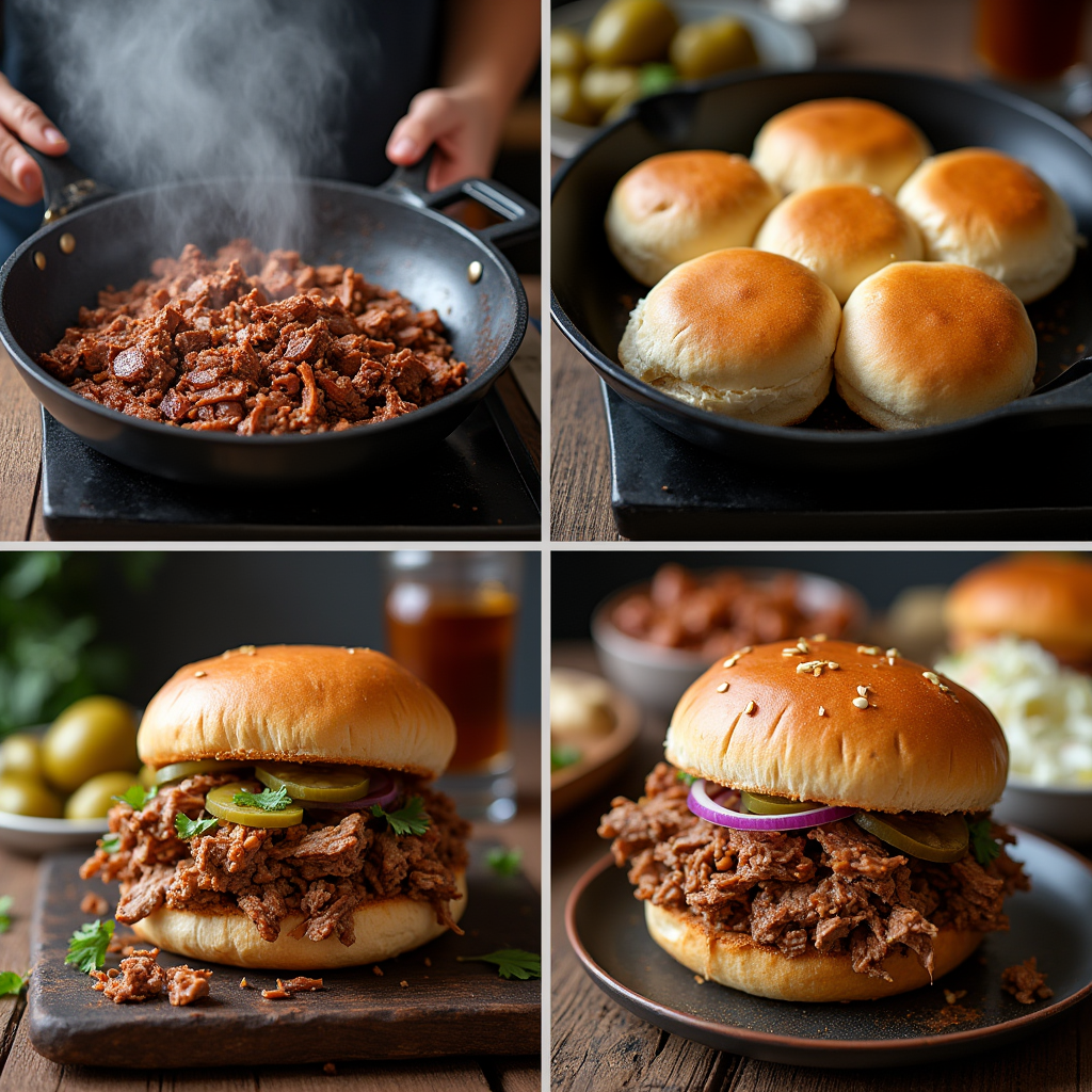 Four-panel image showing the preparation of a chopped beef sandwich