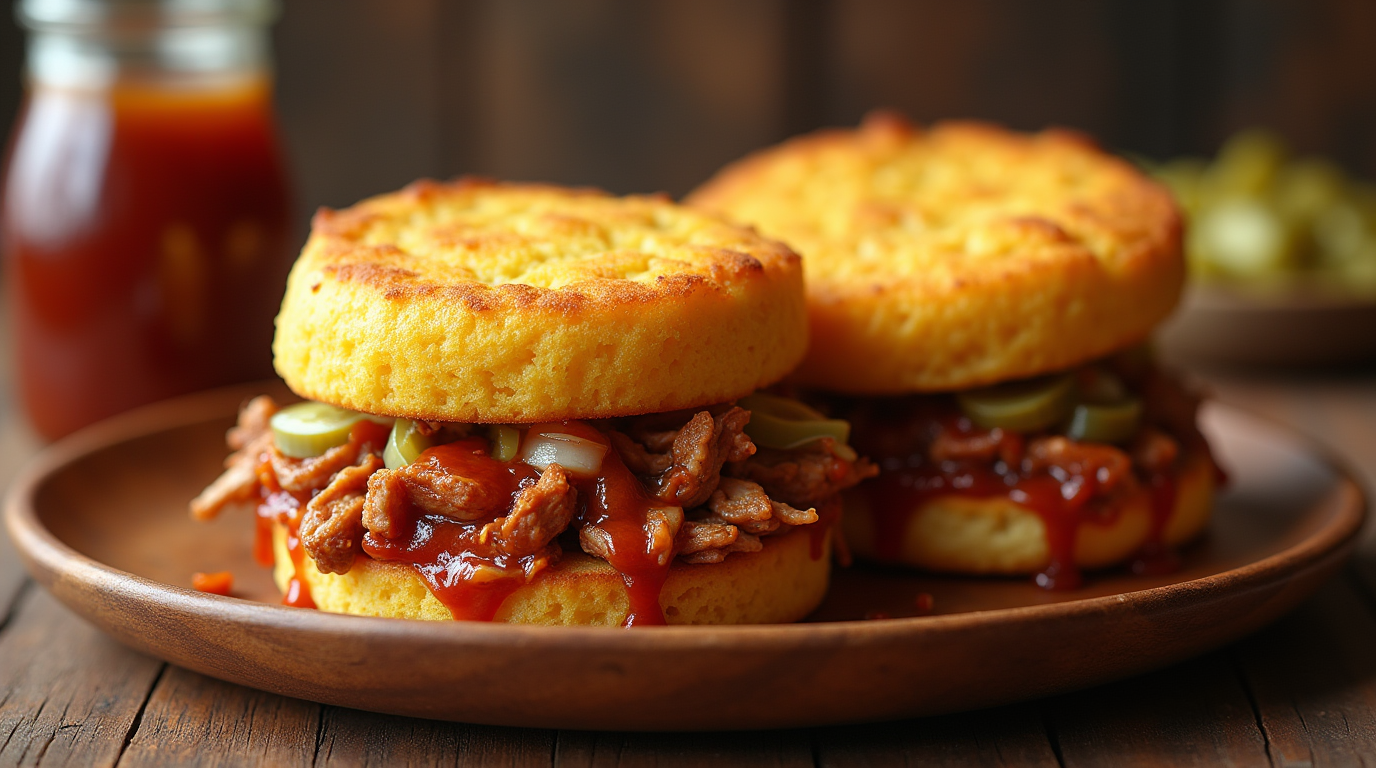 Two cornbread BBQ sandwiches on a wooden plate, with a jar of sauce in the background