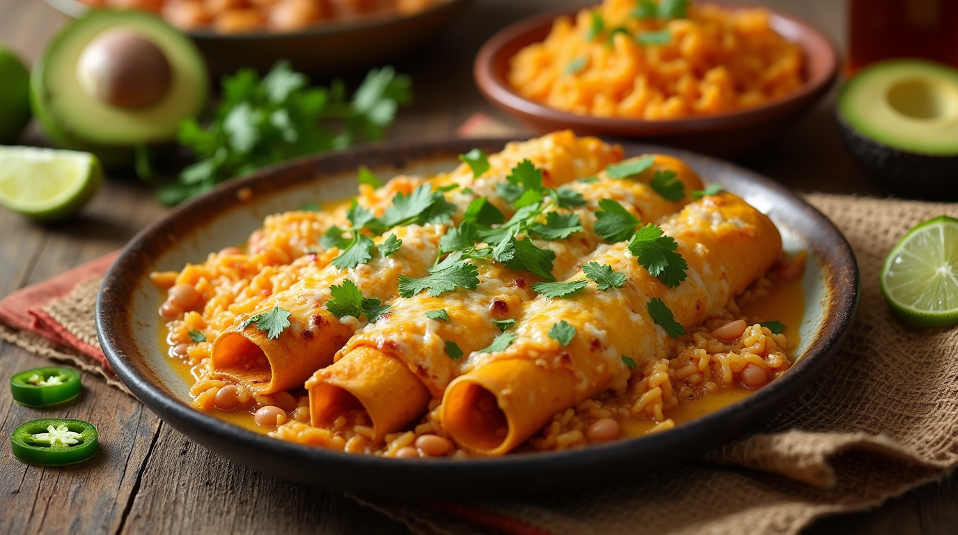 Poblano chicken enchiladas on a plate, garnished with cilantro, with rice and avocado in the background