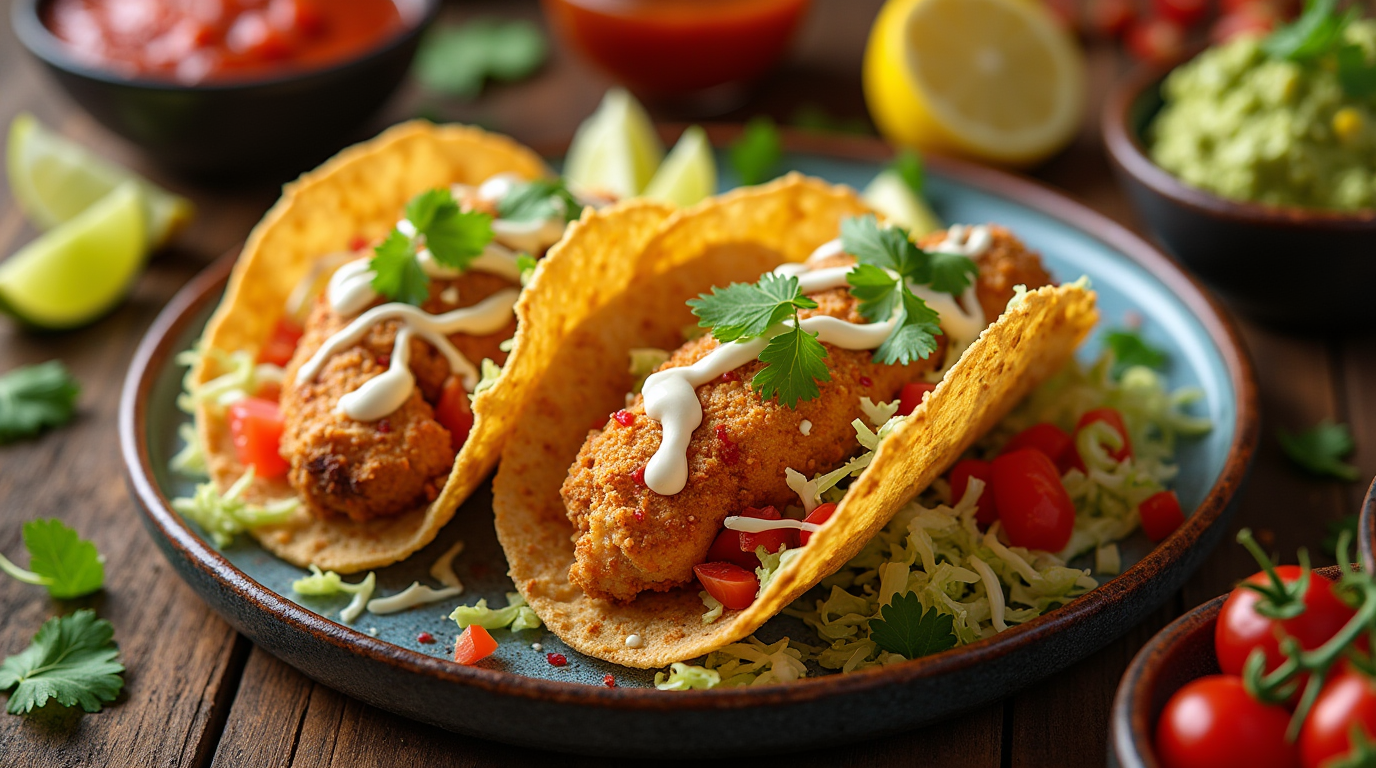 Two crispy chicken tacos on a plate with toppings in the background