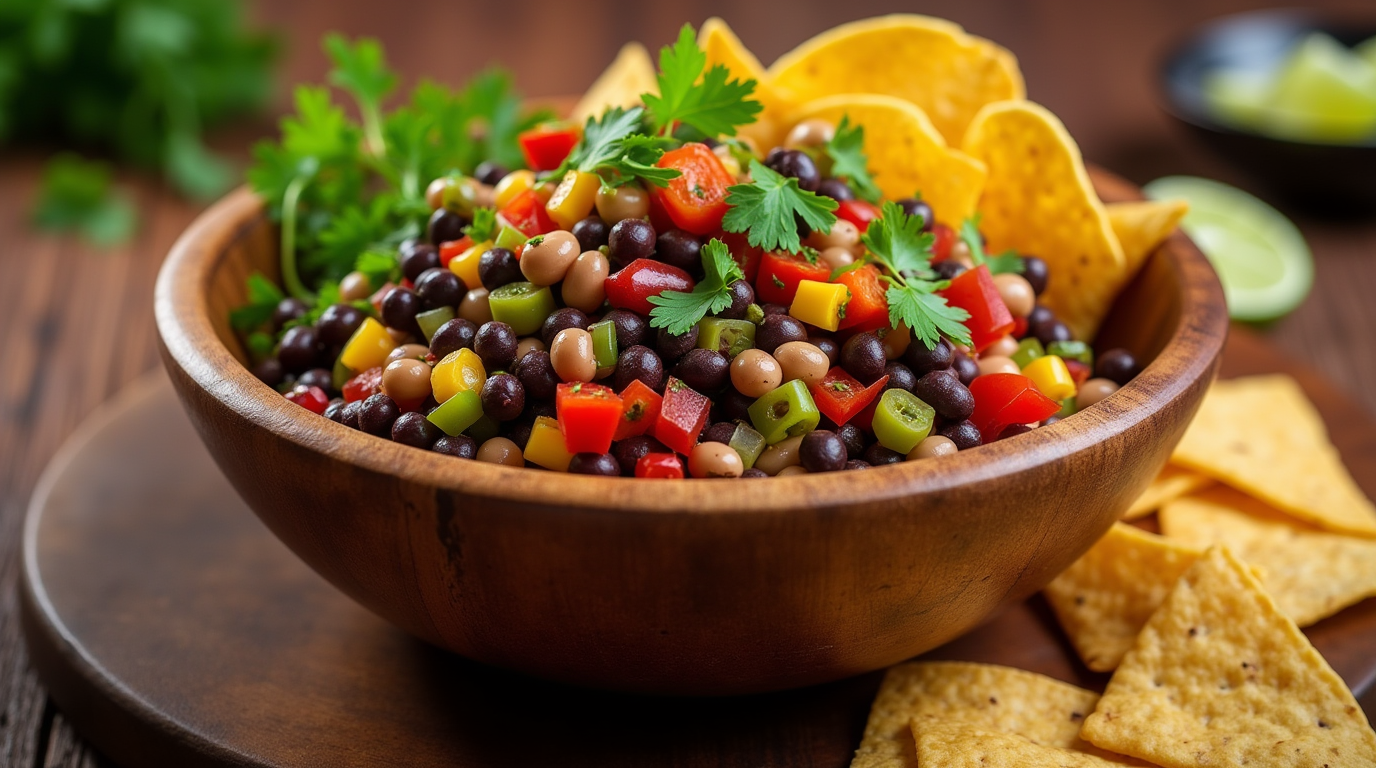 A wooden bowl filled with a colorful bean salad, alongside tortilla chips. texas caviar recipe pioneer woman