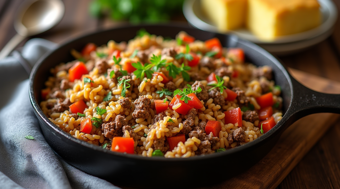 Close-up of a skillet filled with Texas Hash, a hearty dish of ground beef, rice, and diced tomatoes, garnished with fresh parsley