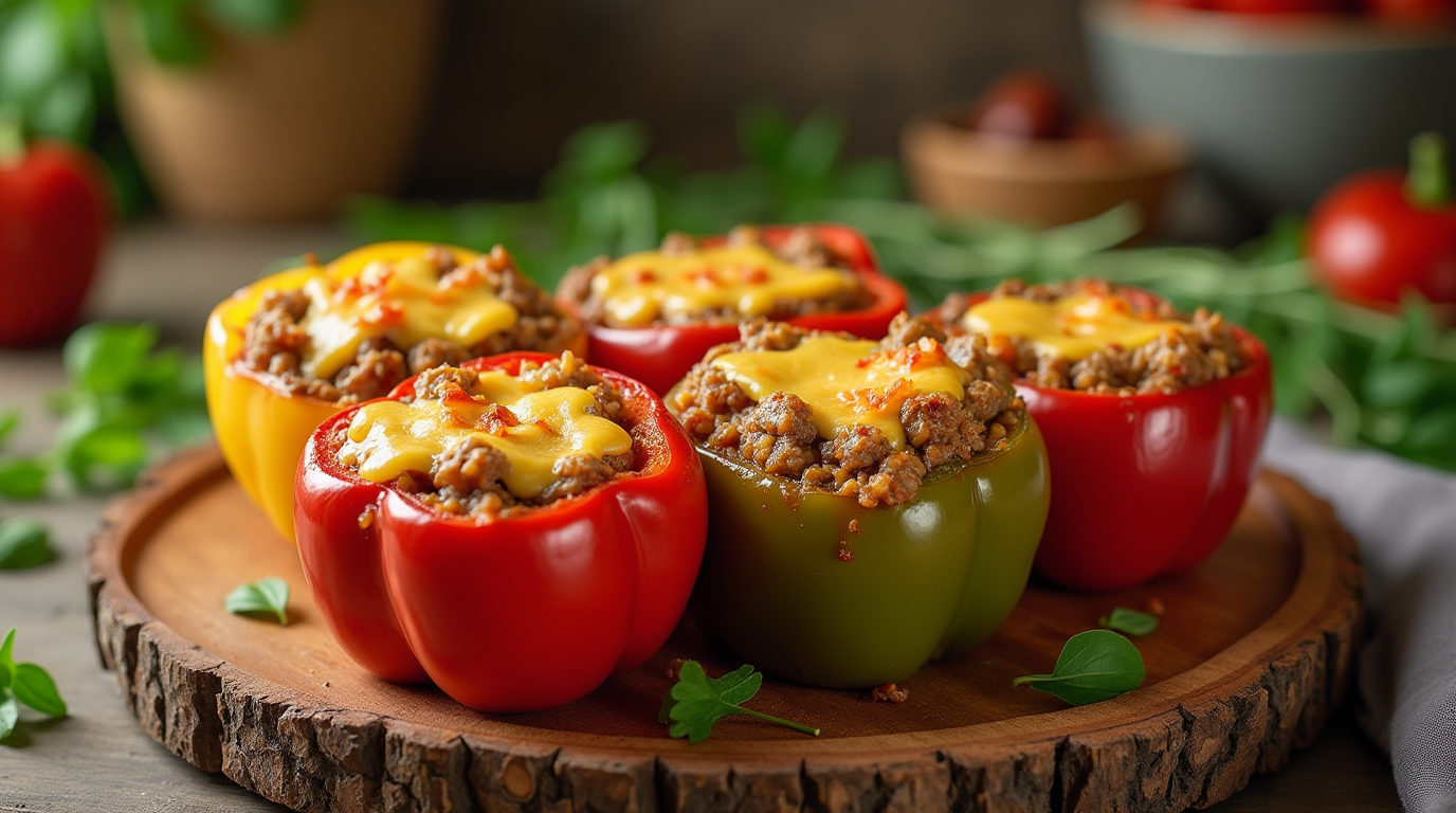 Five stuffed bell peppers of various colors on a wooden plate