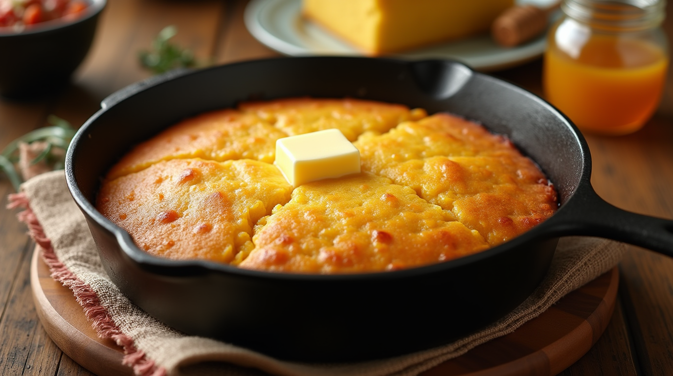 A freshly baked skillet of Texas-style cornbread, topped with a pat of butter, on a wooden surface. authentic texas-style corn bread recipe