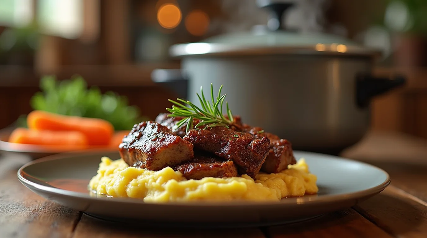 Close-up of slow-cooked boneless beef short ribs served over creamy polenta, garnished with rosemary