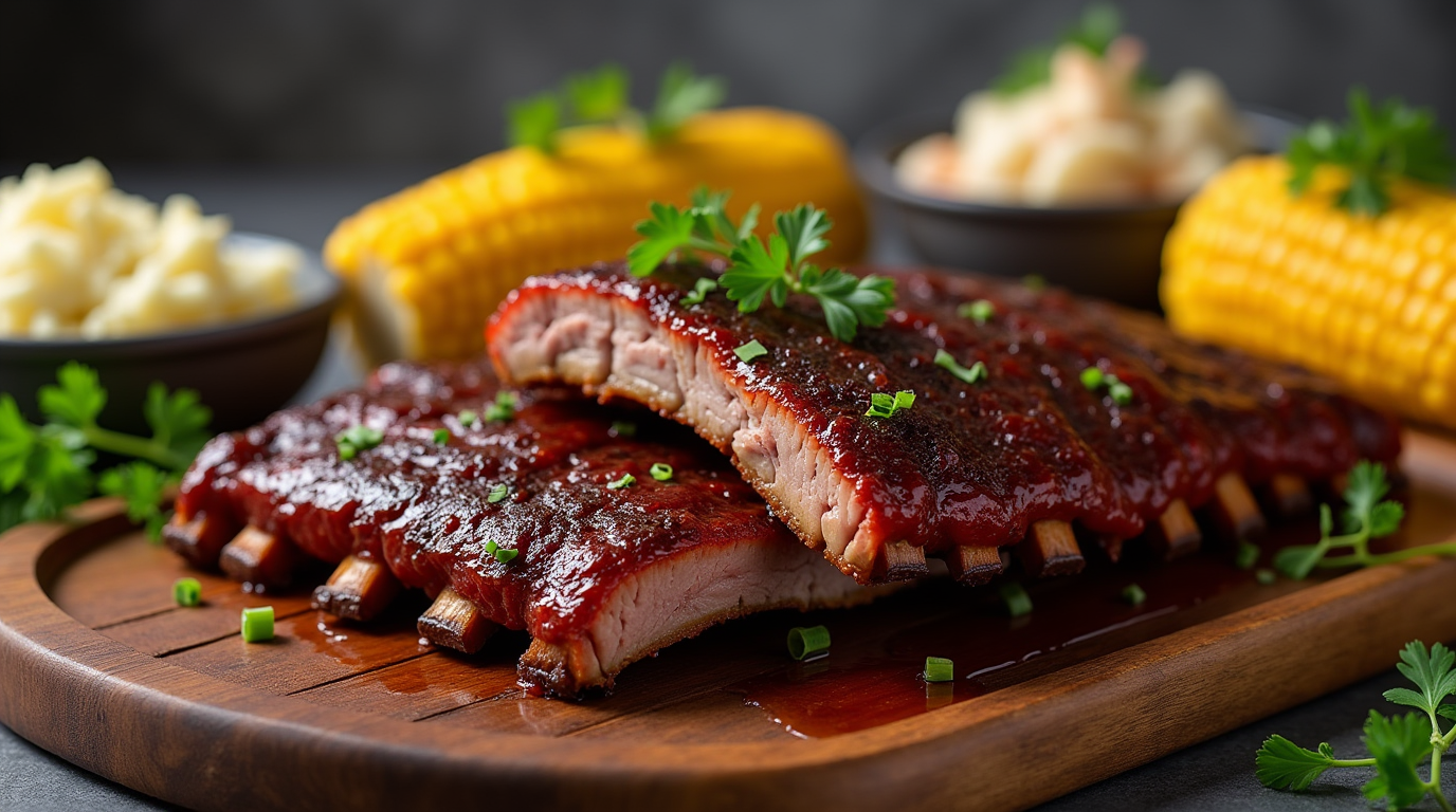 Close up of cooked beef back ribs with red sauce on a wooden platter, with corn and side dishes in the background