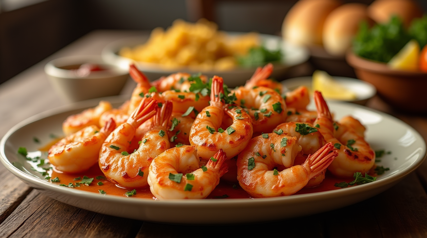 A plate of cooked shrimp with parsley, with other dishes in the background. texas roadhouse shrimp recipe