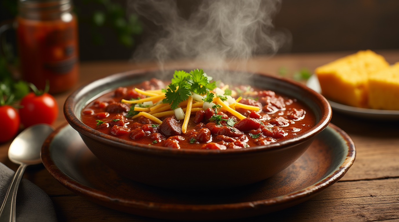 A bowl of steaming venison chili garnished with shredded cheese and fresh parsley