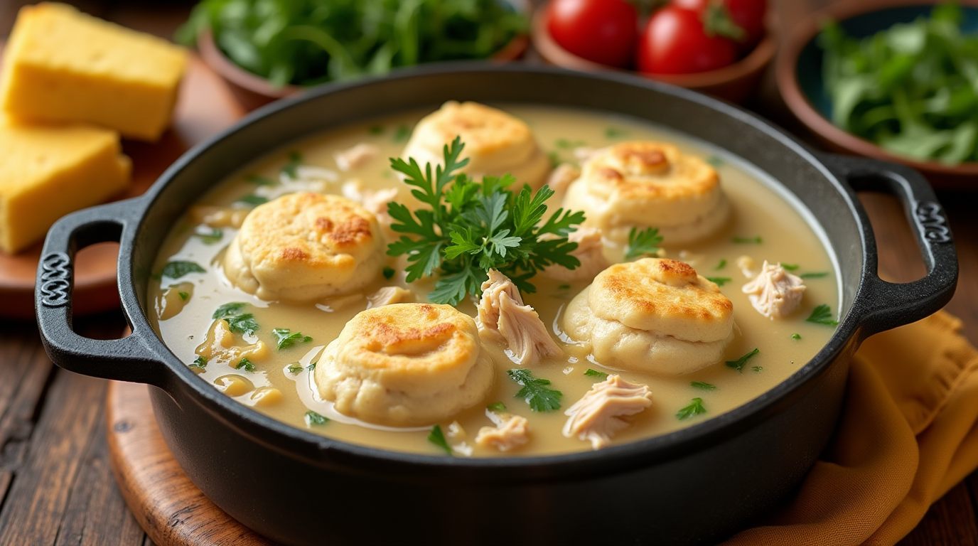 A close up of a pot filled with chicken and dumplings garnished with fresh parsley