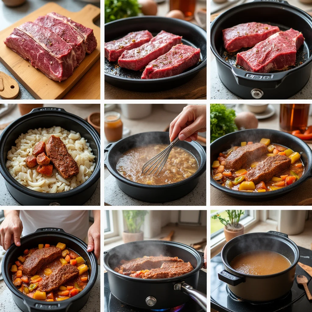 Collage of nine images showing the steps of slow-cooking boneless beef short ribs, from raw meat to a finished pot of stew