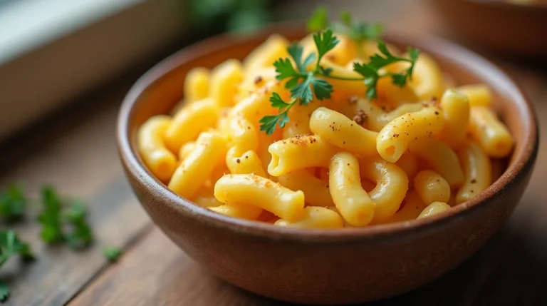 Tini mac and cheese recipe — creamy bowl of macaroni garnished with parsley and paprika