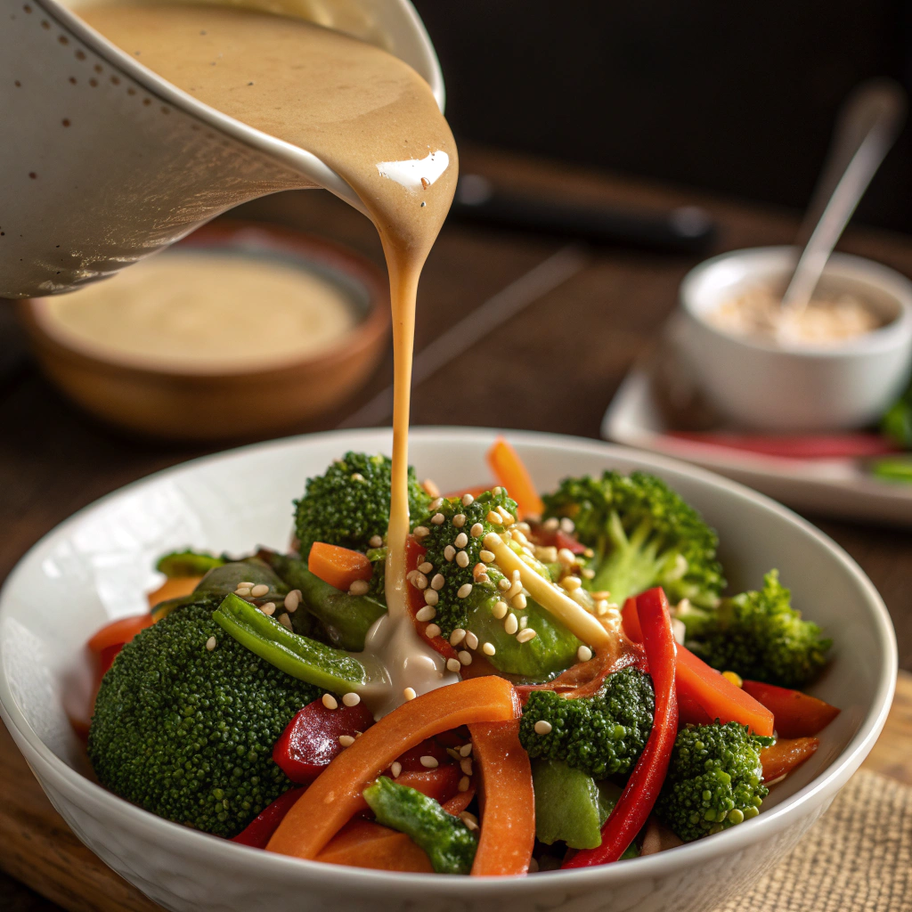 food processor almonds and asian sauce recipe poured over vegetables