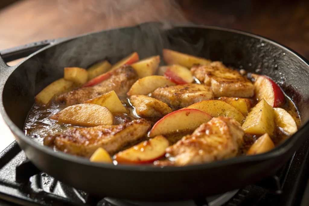 Chicken tenders cooking in pan with honey glaze and fresh apples