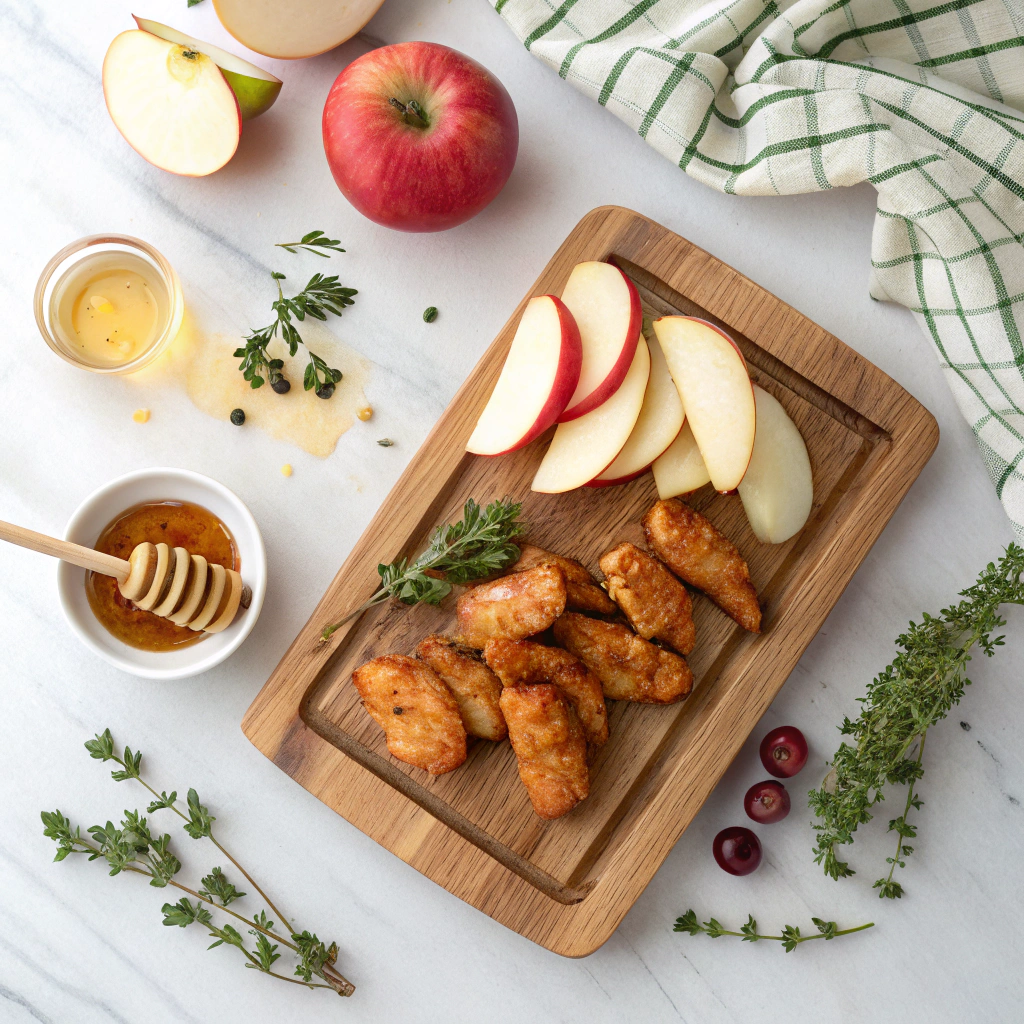 Apple and honey-glazed chicken tenders served with fresh apples and honey