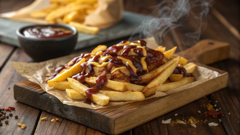 bbq fries topped with melted cheese and barbecue sauce on rustic wooden table