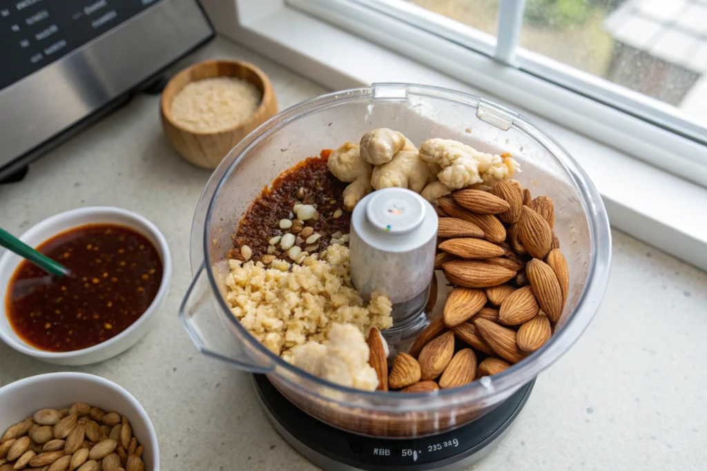 food processor almonds and asian sauce recipe being blended in a food processor