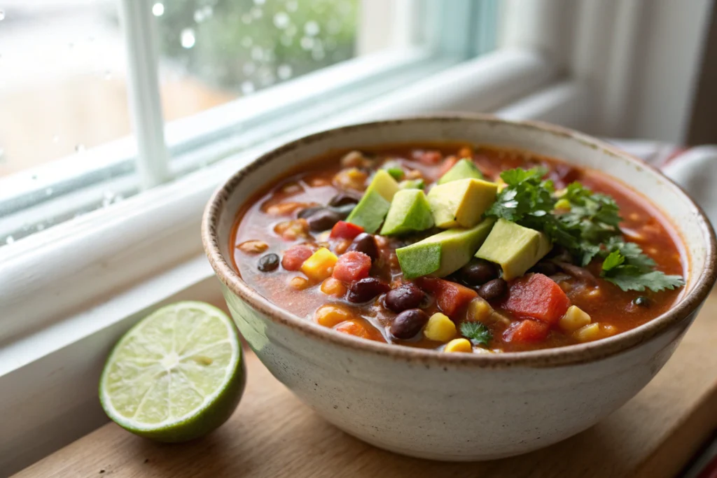 close up bowl of taco soup frios recipe served cold with beans corn tomatoes and avocado