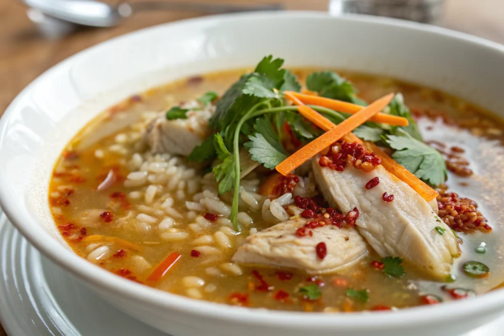 Close-up of Chopt spicy chicken soup with rice and vegetables