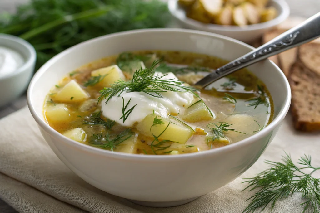 Close-up of creamy Czech sour cream and dill soup with potatoes