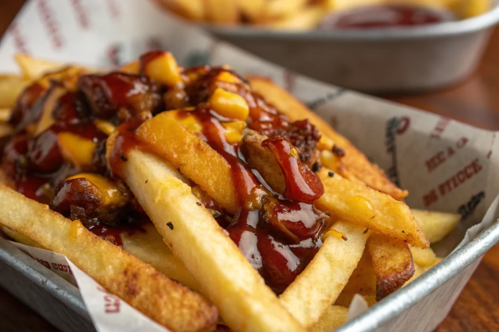 close up of crispy bbq fries with melted cheese and barbecue sauce