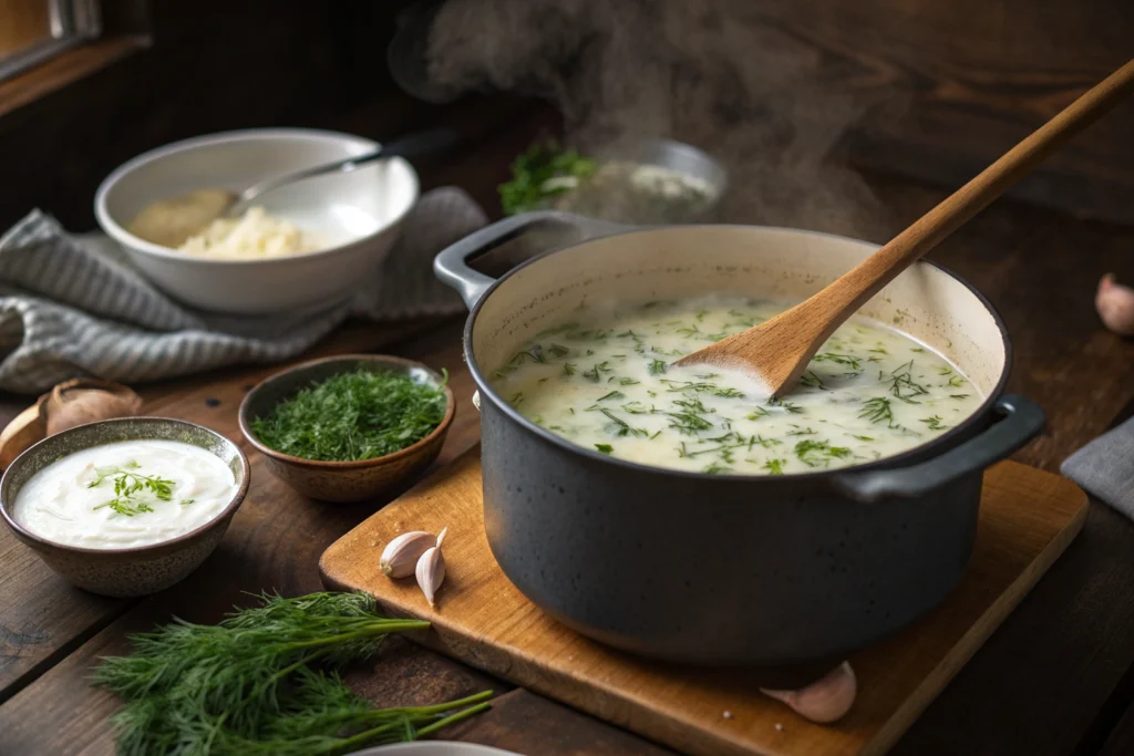 Czech soup sour cream and dill recipe cooking in pot on stove